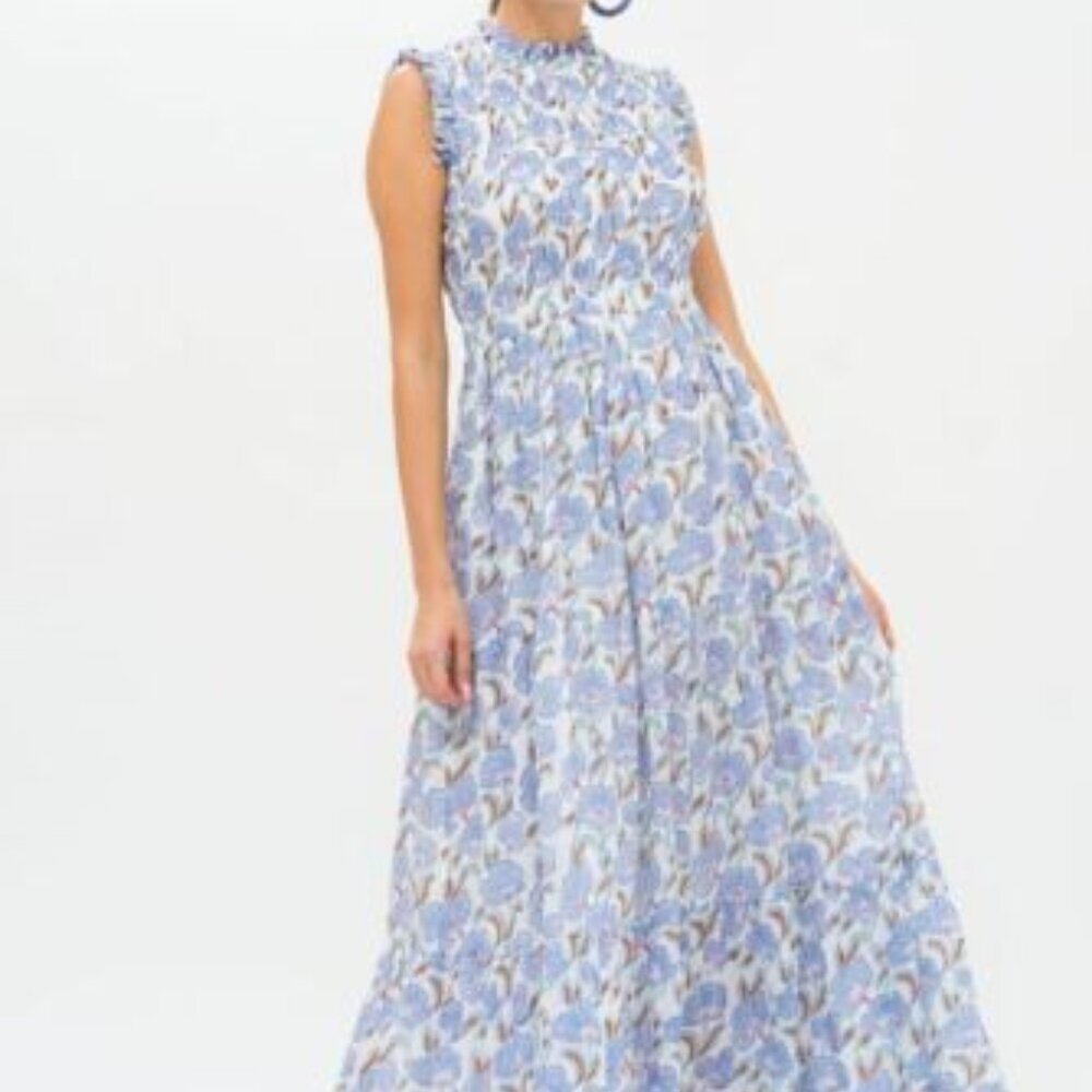 NWT $298 Oliphant Design SLEEVELESS SMOCKED MAXI Lucia Blue Dress Xs